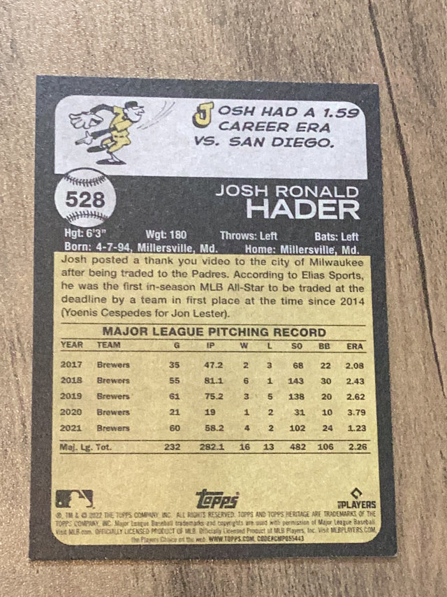 Josh Hader San Diego Padres MLB 2022 Topps Heritage 528 Topps