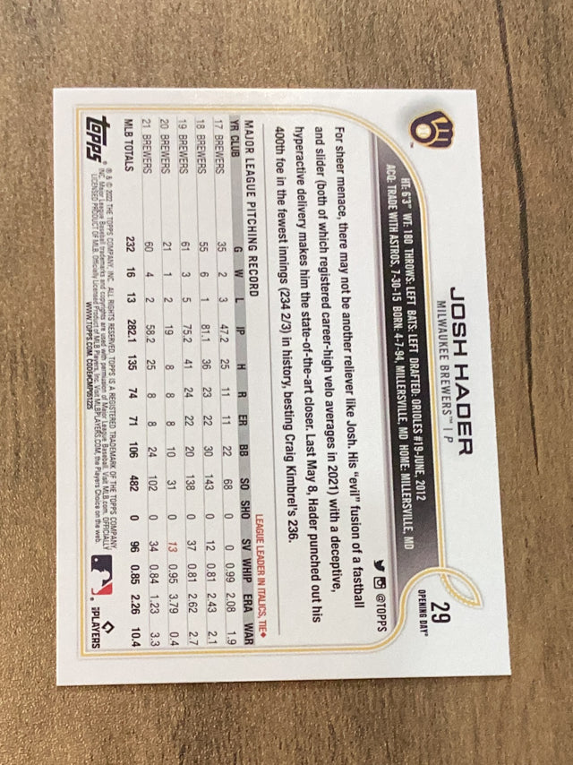 Josh Hader Milwaukee Brewers MLB 2022 Topps Opening Day 29 Topps