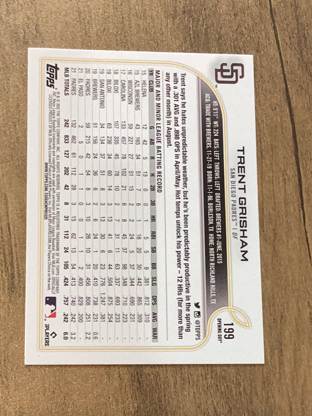 Trent Grisham San Diego Padres MLB 2022 Topps Opening Day 199 Topps
