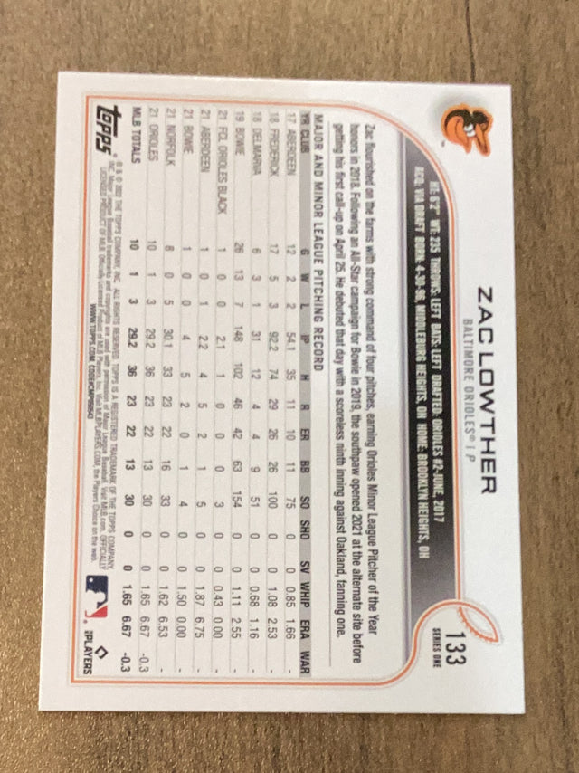 Zac Lowther Baltimore Orioles MLB 2022 Topps 133 RC Topps