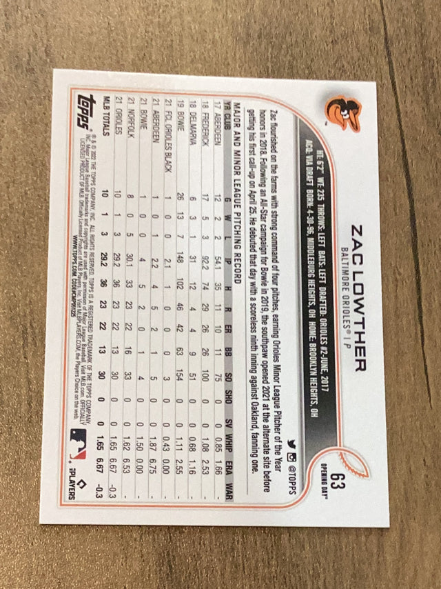 Zac Lowther Baltimore Orioles MLB 2022 Topps Opening Day 63 RC Topps