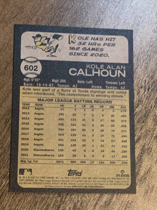 Kole Calhoun Texas Rangers MLB 2022 Topps Heritage 602 Topps