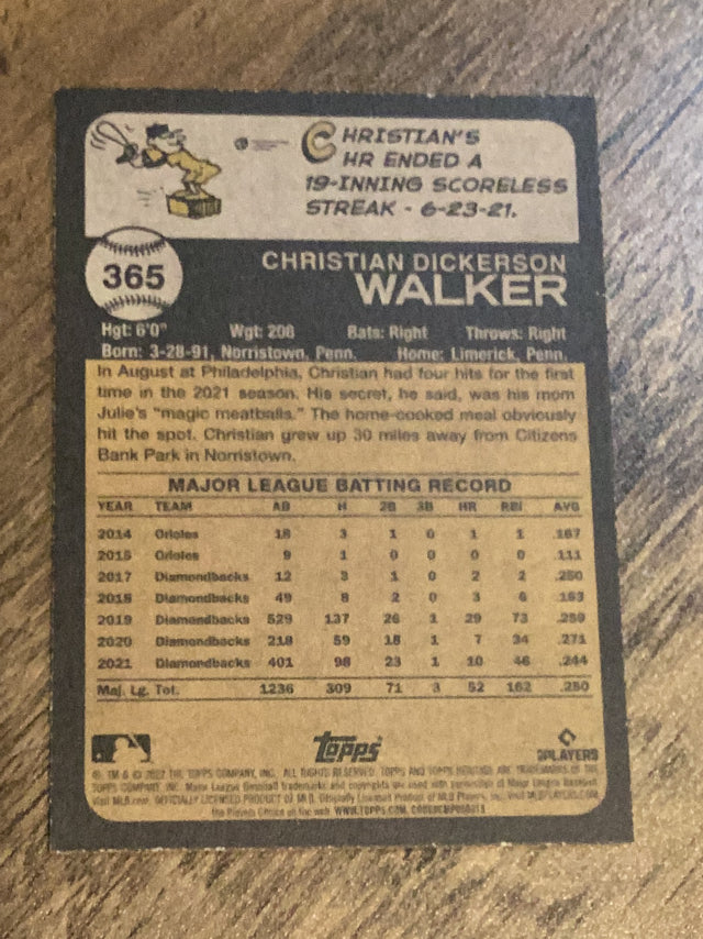 Christian Walker Arizona Diamondbacks MLB 2022 Topps Heritage 365 Topps