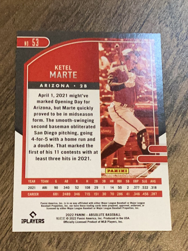 Ketel Marte Arizona Diamondbacks MLB 2022 Panini Absolute 53 Panini