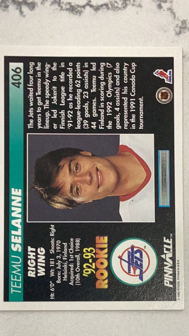 Teemu Selanne Winnipeg Jets NHL 1992-93 Pinnacle Canadian 406 Pinnacle
