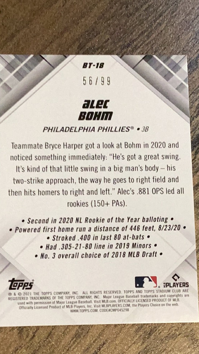 Alec Bohm Philadelphia Phillies MLB 2021 Stadium Club - Beam Team Black BT-18 SN99 Topps