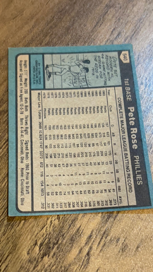 Pete Rose Philadelphia Phillies MLB 1980 Topps 540 Topps