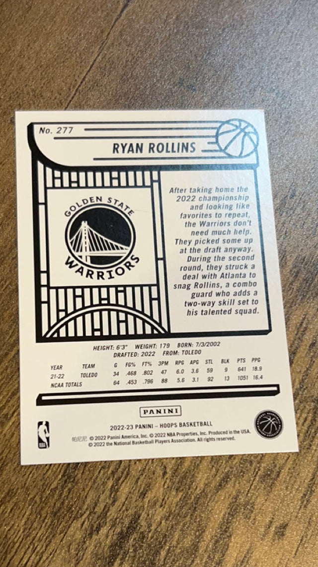 Ryan Rollins Golden State Warriors NBA 2022-23 Hoops 277 RC Panini