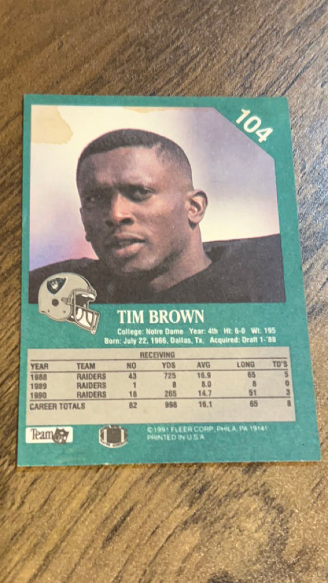 Tim Brown Los Angeles Raiders NFL 1991 Fleer 104 Fleer