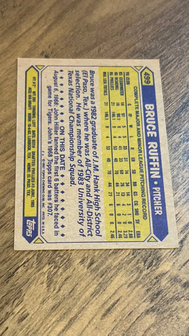 Bruce Ruffin Philadelphia Phillies MLB 1987 Topps 499 ASR, RC Topps