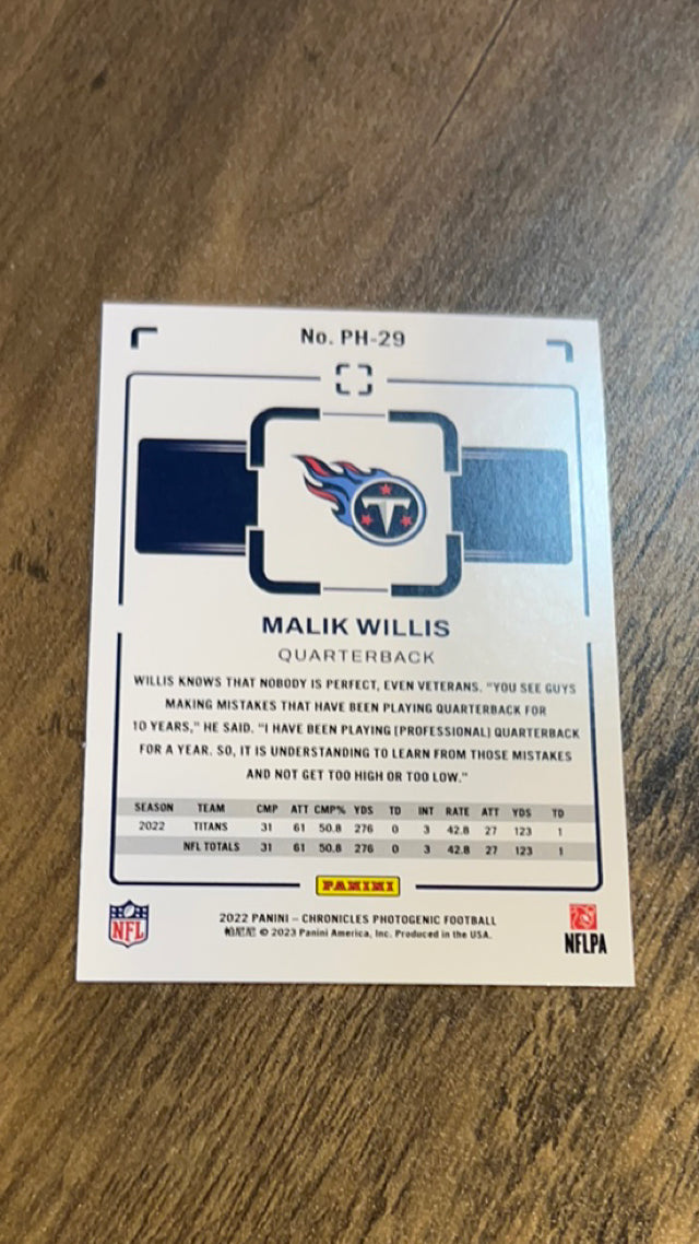Malik Willis Tennessee Titans NFL 2022 Panini Chronicles: Photogenic PH-29 Panini