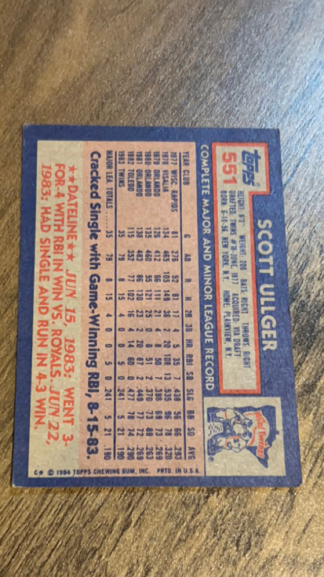 Scott Ullger Minnesota Twins MLB 1984 Topps 551 RC Topps
