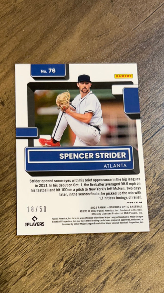 Spencer Strider Atlanta Braves MLB 2022 Donruss Optic: Carolina Blue Prizm 76 Donruss